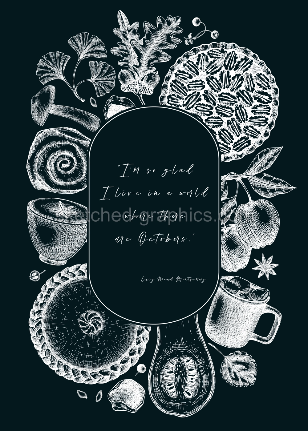 Autumn wreath design template. Hand-drawn vector illustration on chalkboard. Pumpkin, hot drink, fruit, pie, pastry, fall leaves sketches. Vintage fall card or invitation. Thanksgiving background Illustration
